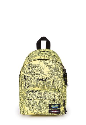 Gele rugzak met zwarte SpongeBob SquarePants krabbels, zwart handvat en voorvak met SpongeBob- en Eastpak-logo's.