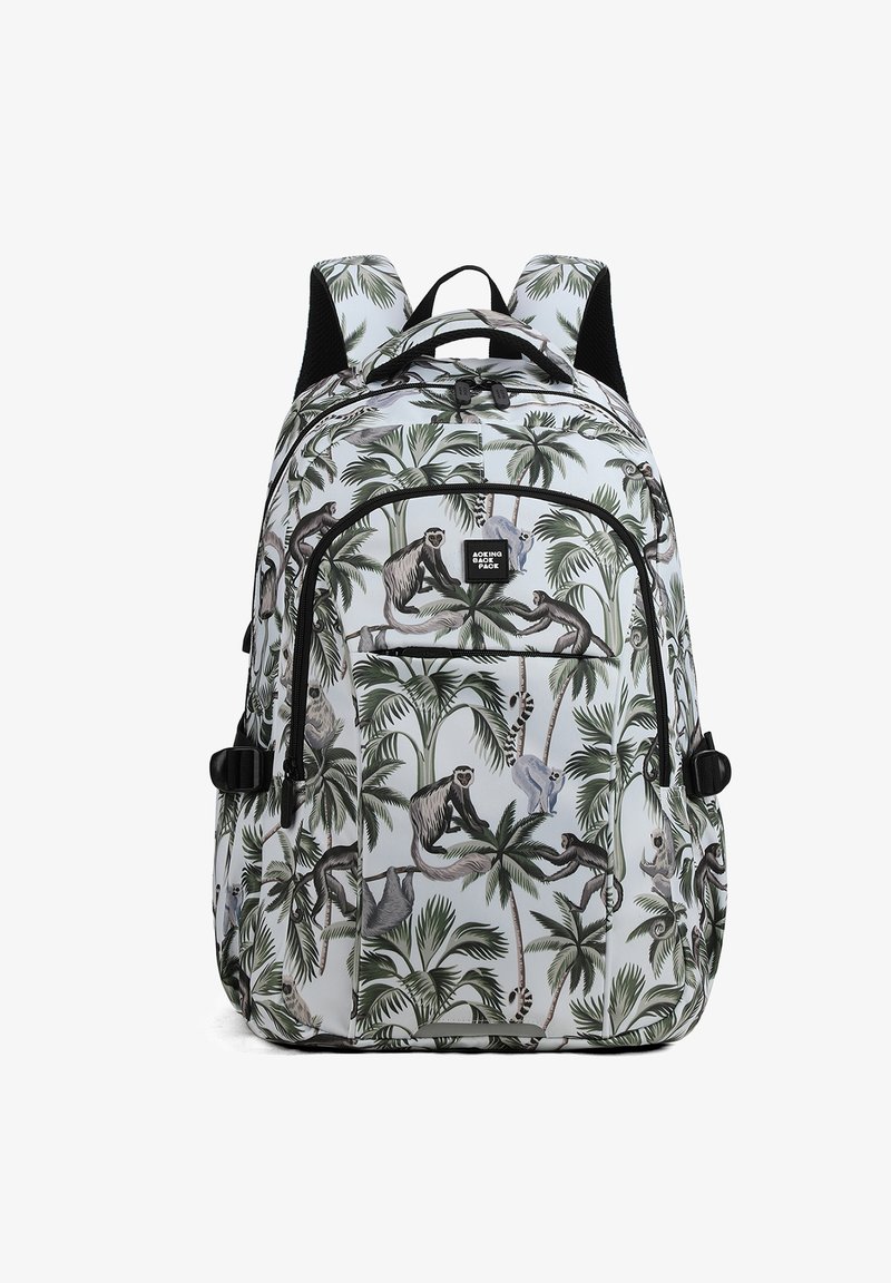Rugzak met een lichtgrijze achtergrond en een patroon van tropische aap en palmboom, zwarte ritsen en verstelbare padded schouderbanden.