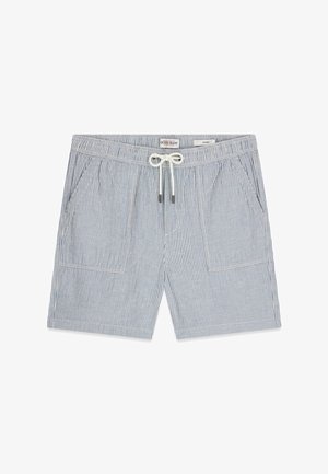 Shorts da uomo a righe verticali azzurro chiaro e bianco, con fascia elastica in vita, coulisse bianca, tasche applicate sul davanti e etichetta del marchio all'interno.