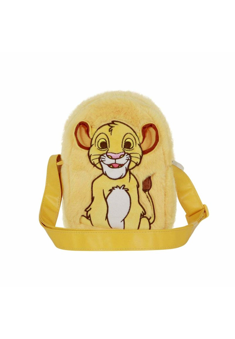 Sac à dos en peluche douce de couleur jaune, présentant un personnage de lion brodé. Il dispose d'une sangle jaune et d'une forme arrondie avec une texture duveteuse.