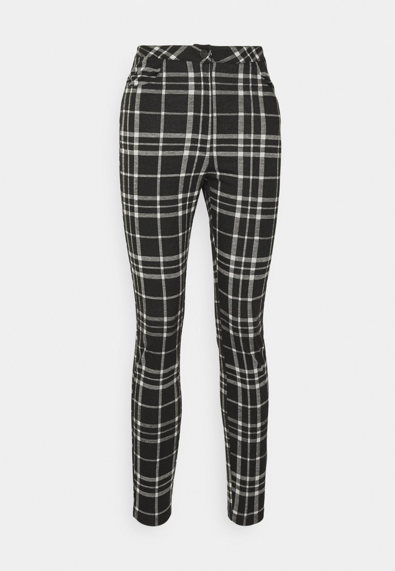 Pantalon noir taille haute slim avec motif à carreaux blanc et gris, fermeture à boutons et zip, poches avant et arrière.