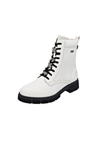 Stivaletti ankle in pelle bianca con lacci neri e dettagli in argento, caratterizzati da una linguetta con motivo e una robusta suola nera per supporto.