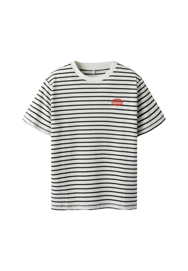 White t-shirt with horizontal black stripes, short sleeves, and a round neck. Features a small red embroidered logo on the chest.