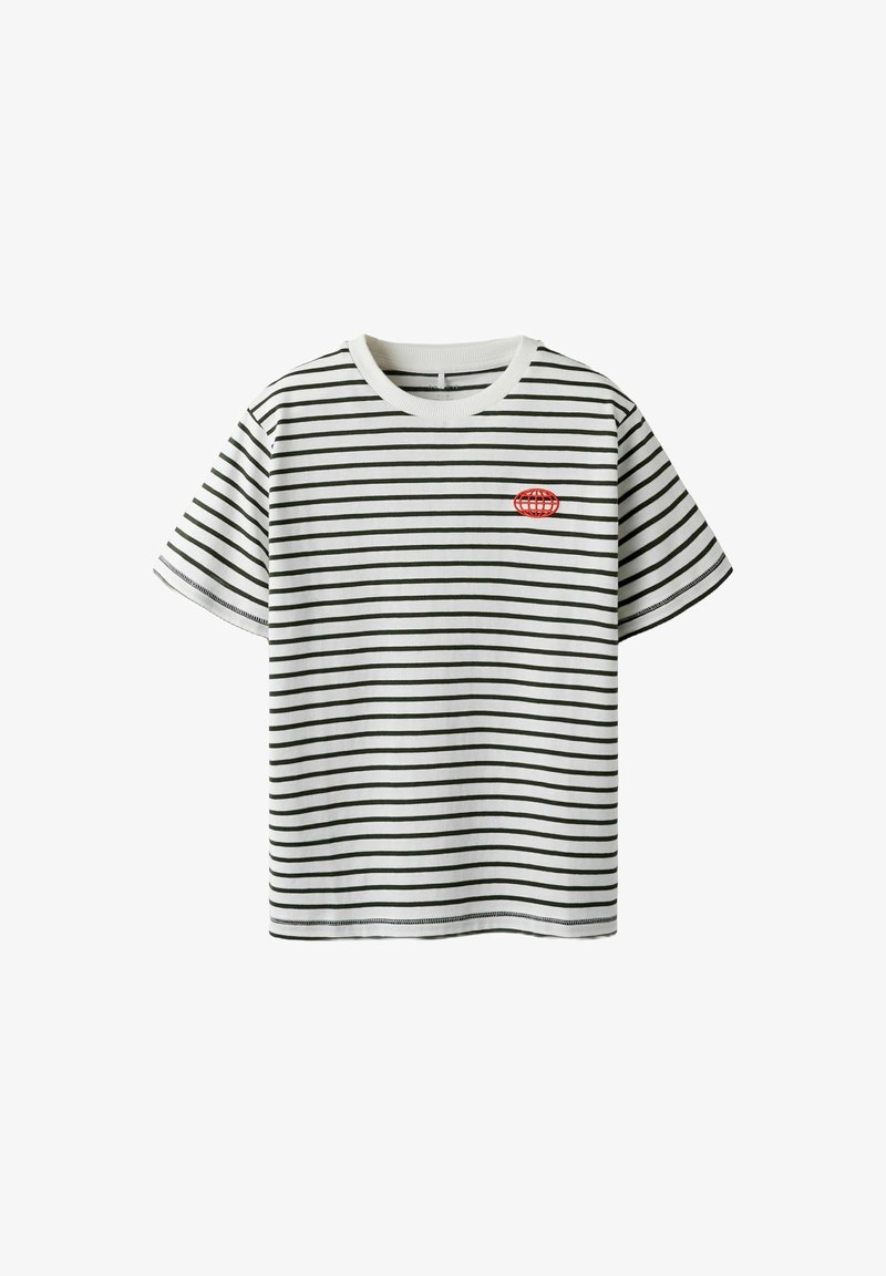 White t-shirt with horizontal black stripes, short sleeves, and a round neck. Features a small red embroidered logo on the chest.