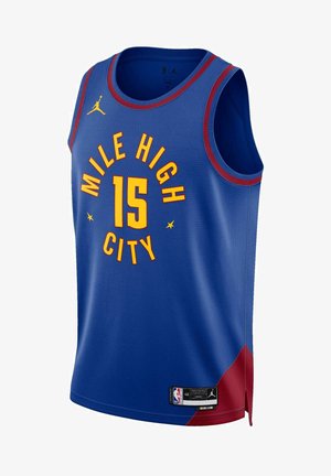Blue basketball jersey with red accents. Features "MILE HIGH CITY" and number "15" in yellow. Made of breathable fabric, sleeveless design.