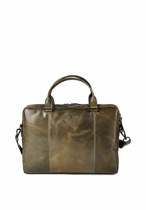 Cartella in pelle verde oliva con doppie maniglie, tracolla staccabile e scomparto principale con cerniera, logo in rilievo centrato davanti.