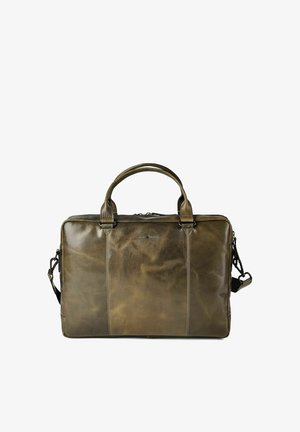 Mallette en cuir vert olive avec doubles poignées, bandoulière détachable et compartiment principal zippé, logo embossé au centre avant.