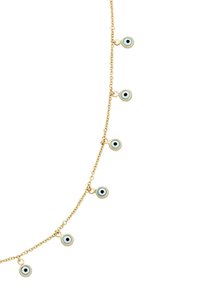 Gold chain necklace featuring multiple blue and black eye charms, each with a circular shape and glossy finish.