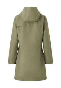 Olijfgroene parka met een capuchon, gestroomlijnd ontwerp, lange mouwen en een rechte zoom. Beschikt over een rugpand en functionele zakken.