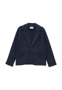 Marineblauwe katoenen blazer met een reverskraag, twee voorzakken en knoopsluiting. Heeft een soepele textuur en een getailleerd ontwerp.