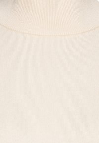 Béžový žebrovaný svetr s vysokým límcem, který má měkkou strukturu a těsný střih v celém těle i rukávech.