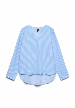 Camisa azul de manga larga con botones, rayas verticales blancas, escote en V y bajo redondeado. Tela ligera con acabado texturizado.