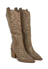 Botas de ante marrón hasta la rodilla con punteras afiladas, adornadas con strass en un patrón de hojas, con cremallera lateral y tacón grueso.