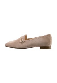 Beige suede loafers with a pointed toe, small heel, and gold-tone hardware accent. Smooth texture with minimalist design elements.