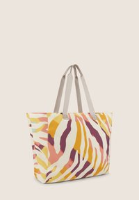 Borsa a tracolla con un motivo astratto colorato in tonalità di giallo, rosa e viola. Realizzata in tessuto con manici grigio chiaro.