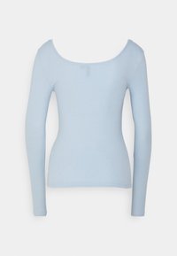 Light blue long-sleeve top, ribbed texture, fitted design, and a wide scoop neckline. Smooth fabric with a seamless finish.