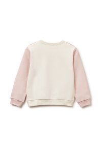 Mikina s kulatým výstřihem, krémové barvy s pastelově růžovými rukávy. Měkká tkanina, žebrované manžety a lem, minimalistický design s uvolněným střihem.