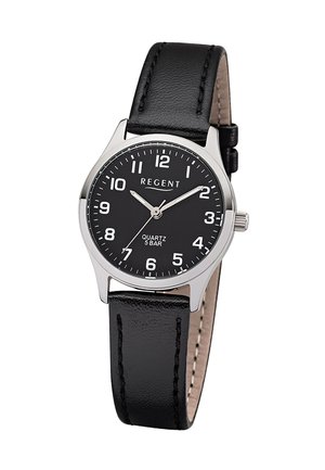Montre-bracelet Black Regent en quartz avec boîtier argenté, chiffres blancs, marqueurs des minutes, trois aiguilles et bracelet en cuir noir avec coutures.