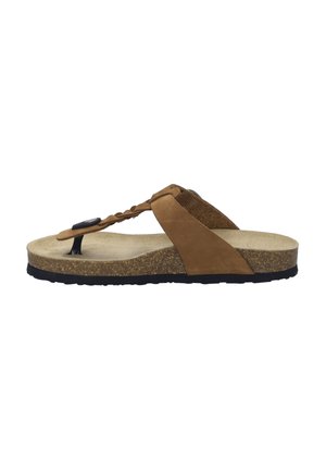 Brown suede sandal with cork insole, rubber outsole, and woven strap detail. Features a front toe post and contrasting black accents.