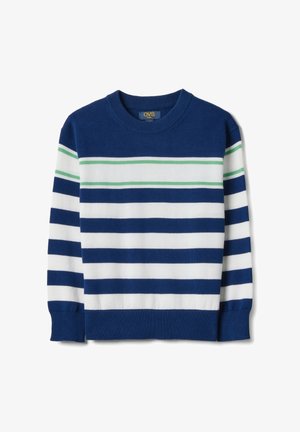 Marineblauwe en witte gestreepte trui met groene accenten, ronde hals, lange mouwen en geribbelde manchetten en zoom. Zacht gebreid materiaal.