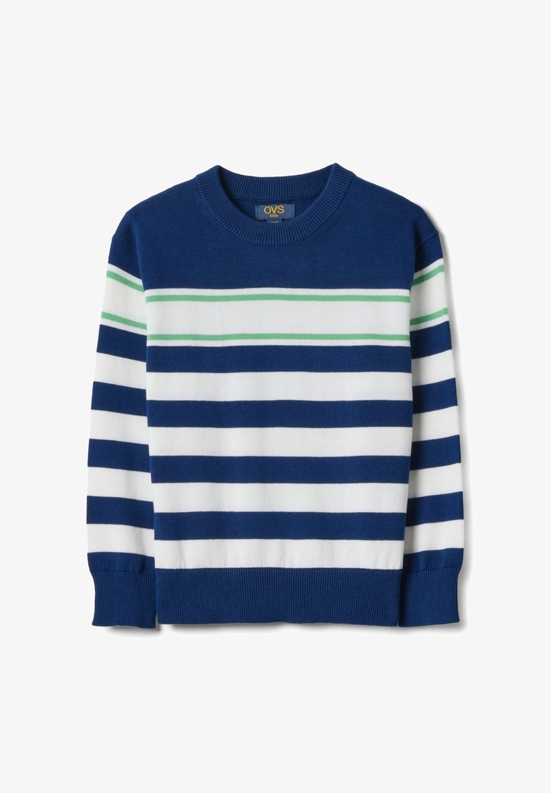 Marineblauwe en witte gestreepte trui met groene accenten, ronde hals, lange mouwen en geribbelde manchetten en zoom. Zacht gebreid materiaal.