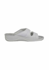 White sliding sandal with two wide straps and open toe design. Made of synthetic material, featuring a textured white sole for grip.