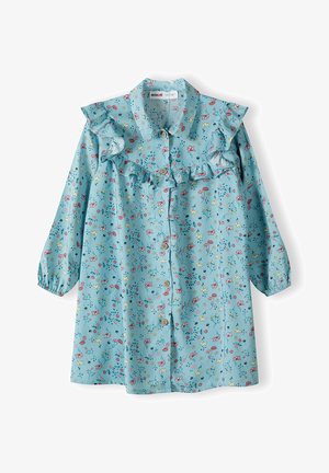 Svijetloplava košulja s gumbima i nabranim ovratnikom, s cvjetnim uzorkom. Dugi rukavi s elastičnim manžetama. Mekana tkanina sa malim dekorativnim gumbima.