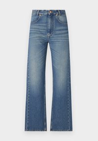 Uitlopende spijkerbroeken van lichtblauwe denim, met een hoge taille, een vijf-pocket ontwerp en subtiele vervaging voor een gestructureerd uiterlijk.