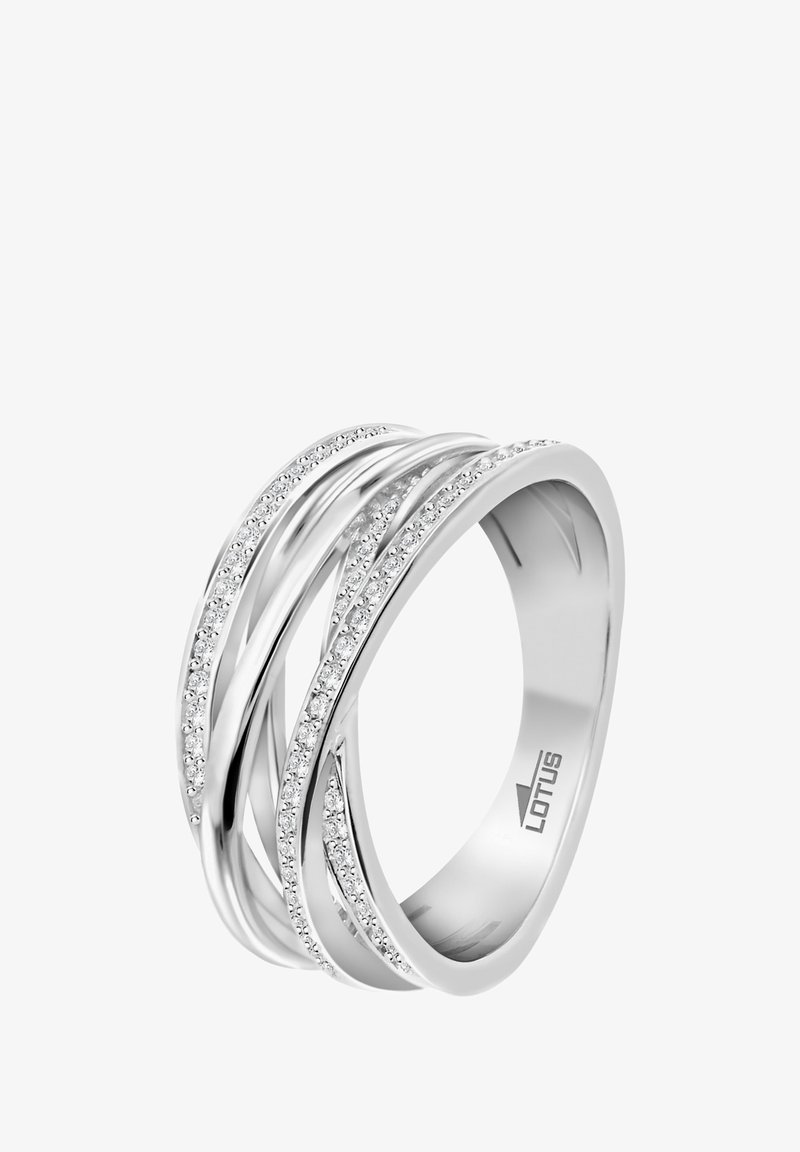 Silver ring with intertwined bands, accented by small clear stones. Smooth finish and polished surface, showcasing a modern design.