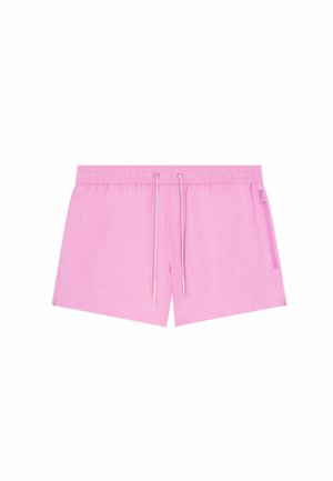 Shorts de bain roses en tissu léger, dotés d'une taille élastique avec cordons de serrage et d'une poche zippée sur le côté.