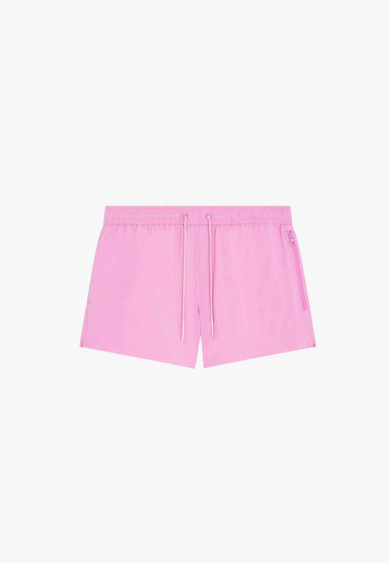 Shorts de bain roses en tissu léger, dotés d'une taille élastique avec cordons de serrage et d'une poche zippée sur le côté.