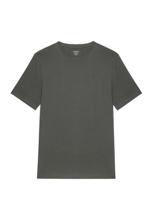 Tricou verde închis confecționat din material de bumbac neted, cu guler rotund clasic și mâneci scurte, cu croială obișnuită și fără ornamente.