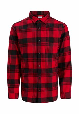 Camisa de cuadros de franjas rojas y negras, de manga larga, con botones, cuello y un bolsillo en el pecho.