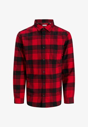 Czerwona i czarna długa koszula w kratę zapinana na guziki z kołnierzykiem i jedną kieszenią na piersi.