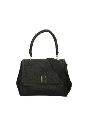 Borsa in pelle nera con superficie texturizzata, manico superiore, tracolla regolabile e un logo prominente sul davanti.