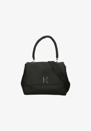 Borsa in pelle nera con superficie texturizzata, manico superiore, tracolla regolabile e un logo prominente sul davanti.