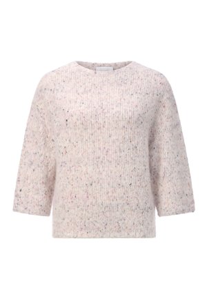 Maglione a maglia di colore rosa chiaro, con una texture a coste e maniche corte. Presenta delle macchie multicolori su tutta la stoffa.