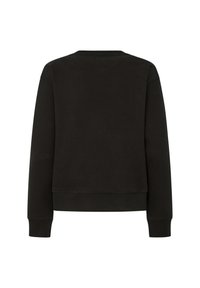 Sudadera negra con cuello redondo, puños y dobladillo acanalados. Tela suave, diseño cropped. Sin patrones ni adornos visibles.