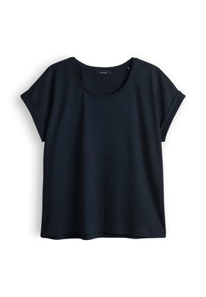 Zwart casual T-shirt met korte mouwen, opgerolde manchetten en een ronde hals, plat weergegeven tegen een witte achtergrond.