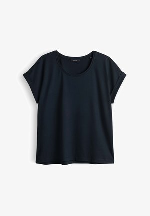 Zwart casual T-shirt met korte mouwen, opgerolde manchetten en een ronde hals, plat weergegeven tegen een witte achtergrond.