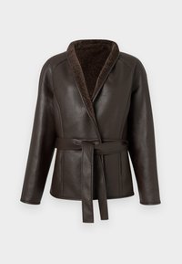 Καφέ δερμάτινο σακάκι με πλούσιο καφέ γιακά, μακριά μανίκια και ζώνη στο ίδιο χρώμα. Διαθέτει καθαρές γραμμές και κομψή φιγούρα.