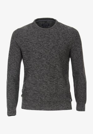 Men’s long-sleeve dark gray knit sweater with crew neck and subtle marled texture, labeled Casa Moda, size medium.