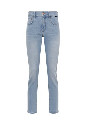 Helle blaue Denim-Jeans mit geradem Schnitt, mittelhohem Bund, fünf Taschen und einem dezenten verwaschenen Look.