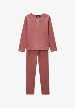 Ensemble de pyjama côtelé en rose poussiéreux, avec des manches longues, un col rond, un devant à trois boutons et une taille élastique pour le pantalon.
