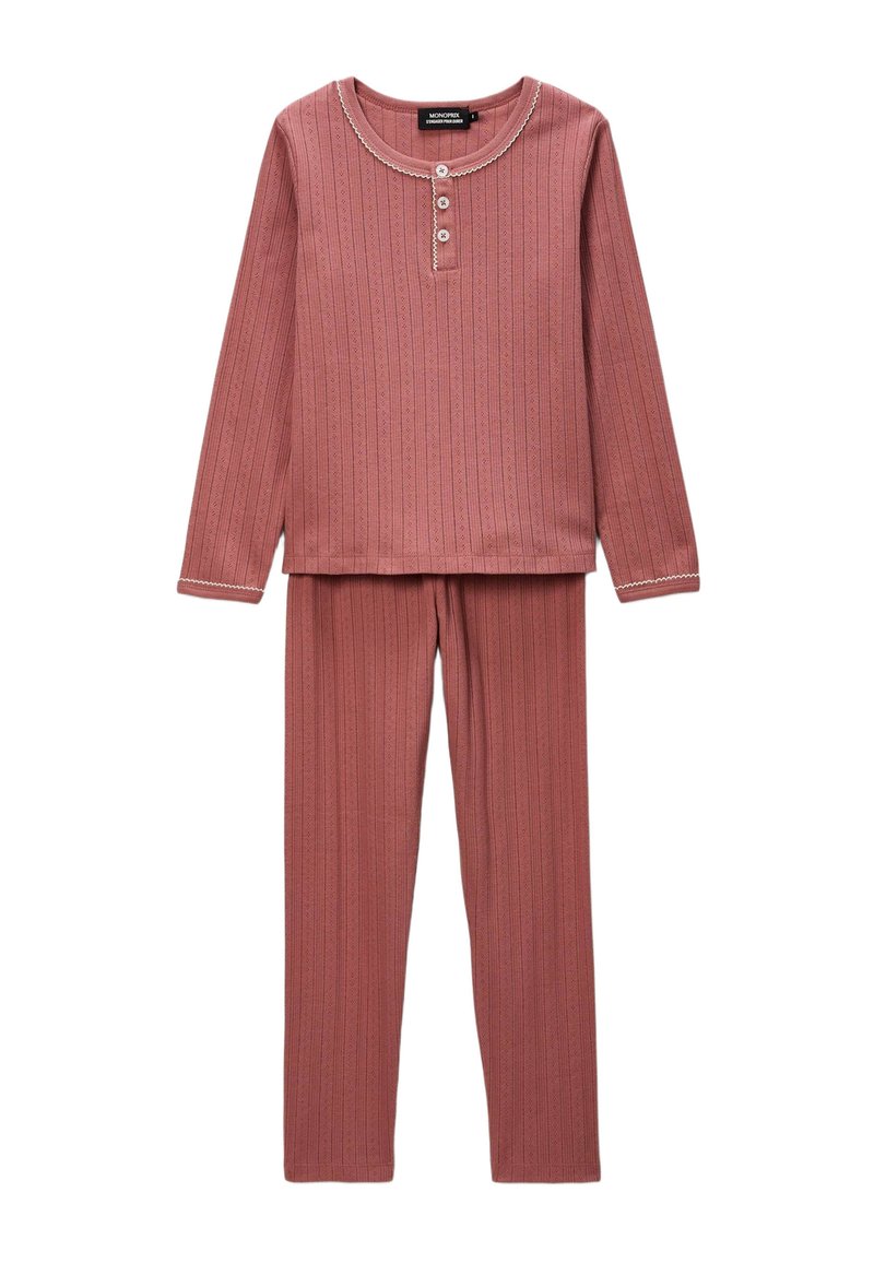 Ensemble de pyjama côtelé en rose poussiéreux, avec des manches longues, un col rond, un devant à trois boutons et une taille élastique pour le pantalon.