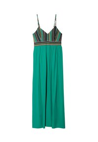 Lang, mouwloos jurkje in teal met een aansluitend lijfje dat een kleurrijk gestreept geborduurd patroon heeft. Uitlopende rok, lichtgewicht stof.