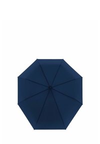 Marineblauwe paraplu met acht panelen, gemaakt van stof. Beschikt over een ronde bovenkant en een centraal hart. Geen zichtbare patronen of hardwaredetails.