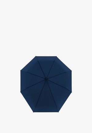 Ombrello blu navy con otto pannelli, realizzato in tessuto. Presenta una parte superiore rotonda e un hub centrale. Nessun motivo visibile o dettagli hardware.