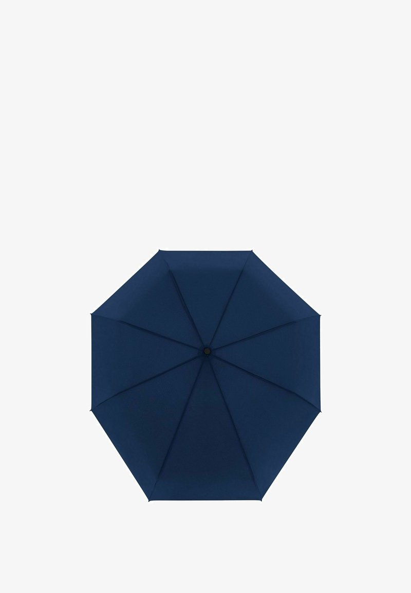 Dunkelblauer Regenschirm mit acht Segmenten, aus Stoff gefertigt. Verfügt über eine abgerundete Spitze und eine zentrale Nabe. Keine sichtbaren Muster oder Hardware-Details.