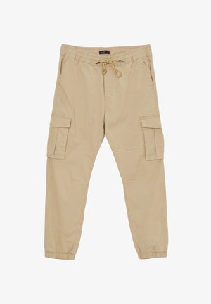 Beige Cargo-Hosen aus leichtem Stoff, mit elastischem Bund, verstellbarem Kordelzug und mehreren Seitentaschen.